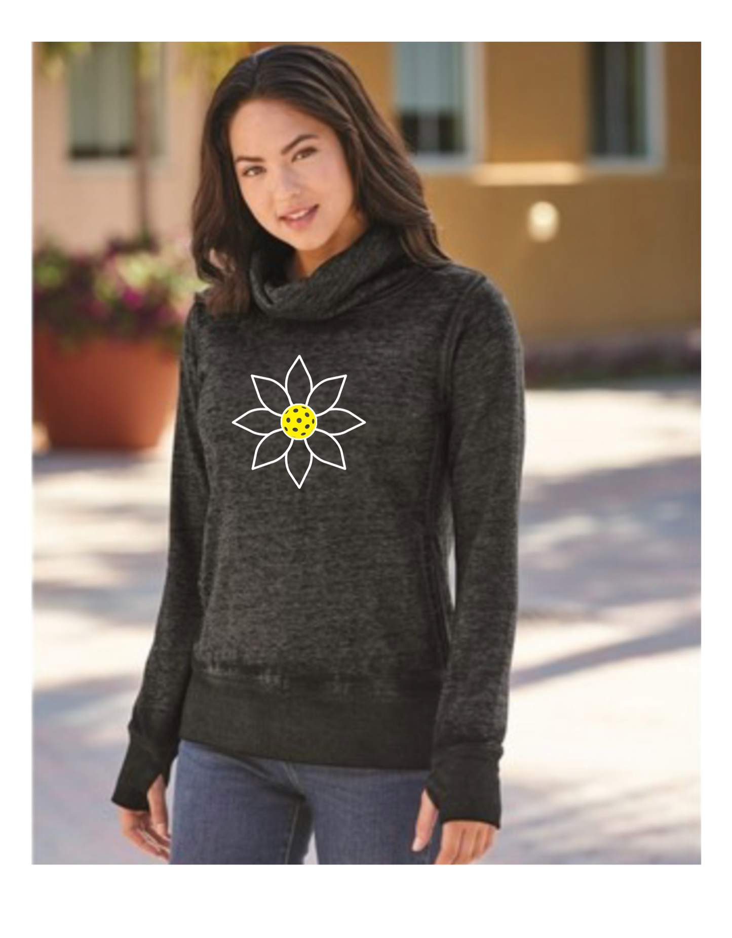 LADIES ZEN LONG SLEEVE COWL NECK FLEECE SWEATSHIRT w/pickleball flower