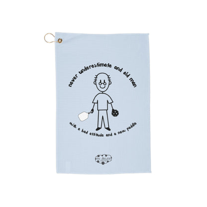 Pickleball Graphic Golf Towel — “NEVER UNDERESTIMATE AN OLD MAN WITH A NEW PADDLE !” Lightweight Hanging Towel for Courts & Courses