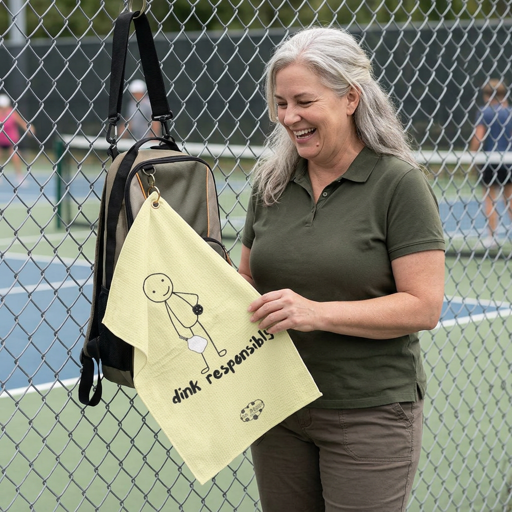 Pickleball Graphic Golf Towel — “DINK RESPONSIBLY!” Lightweight Hanging Towel for Courts & Courses