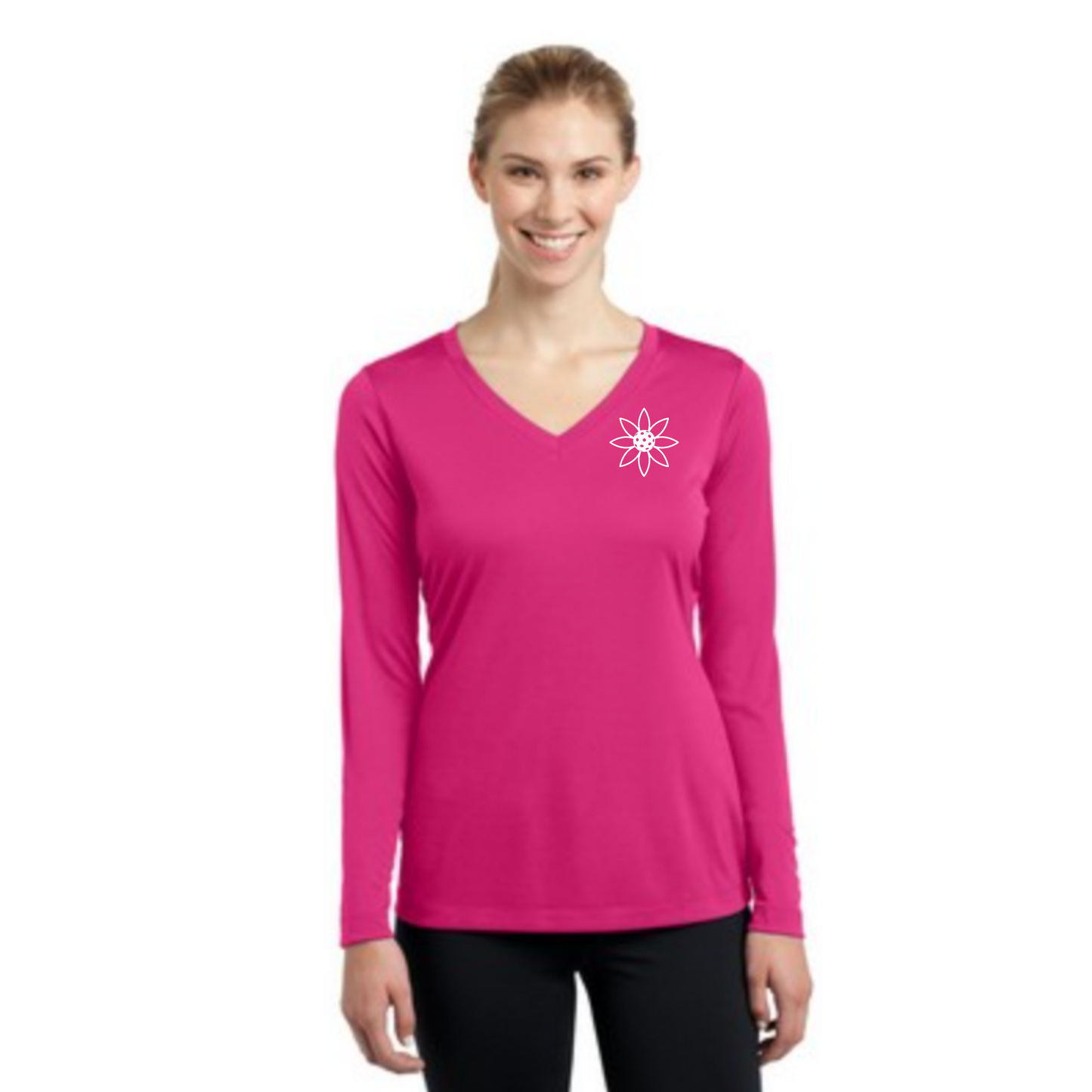 Womens' SportTek Long Sleeve V-Neck Competitor Tee- Pickleball Sunflower