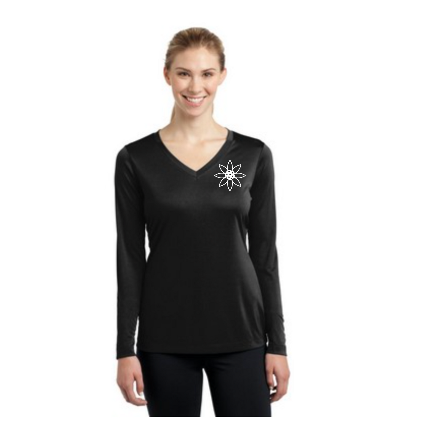 Womens' SportTek Long Sleeve V-Neck Competitor Tee- Pickleball Sunflower