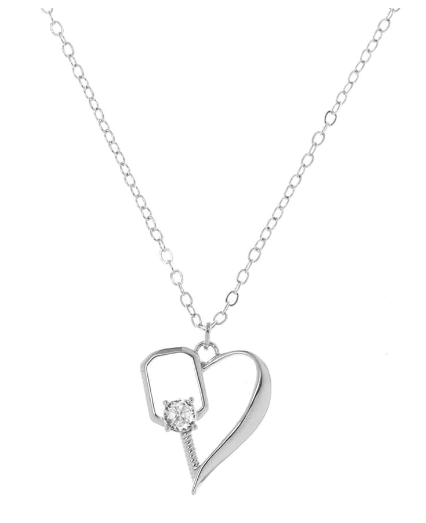 Necklace - Pickelball Heart w/Paddle & CZ Stone VALENTINE