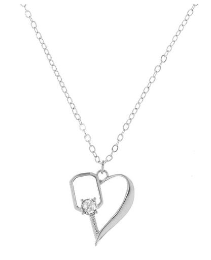 Necklace - Pickelball Heart w/Paddle & CZ Stone VALENTINE