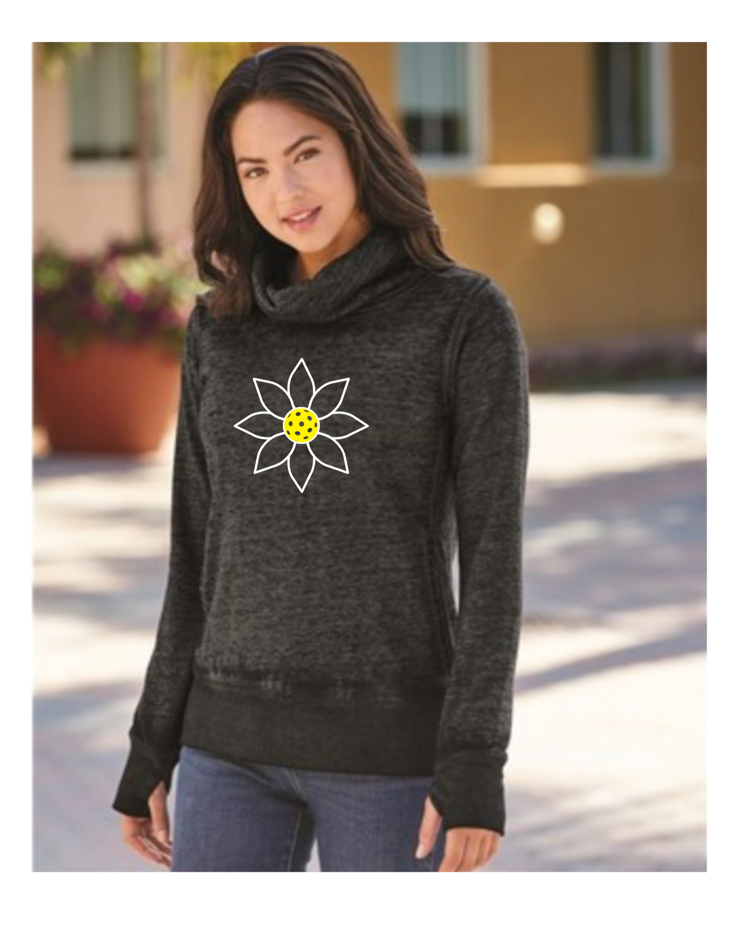 LADIES ZEN LONG SLEEVE COWL NECK FLEECE  SWEATSHIRT w/pickleball flower