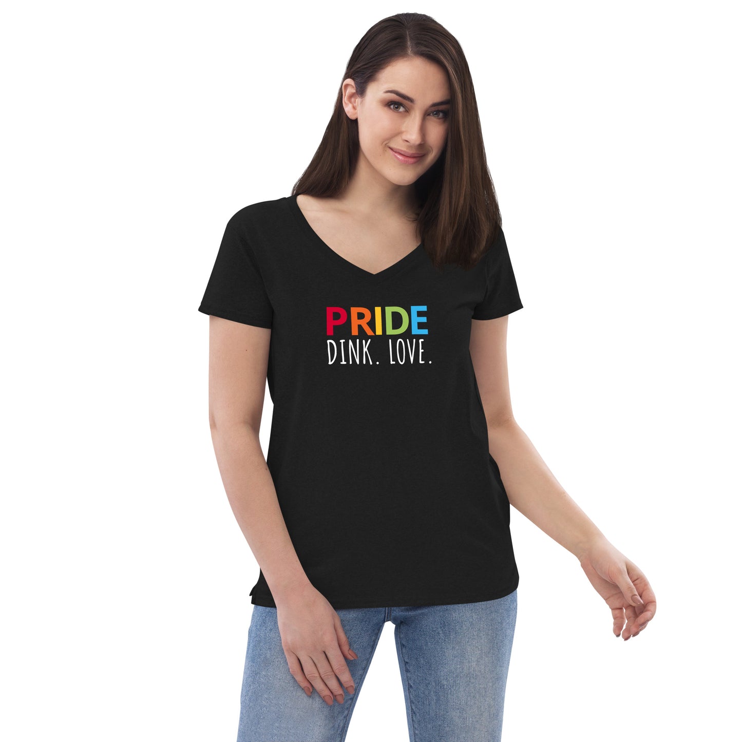 Womens' recycled v-neck t-shirt 'PRIDE. DINK. LOVE.'