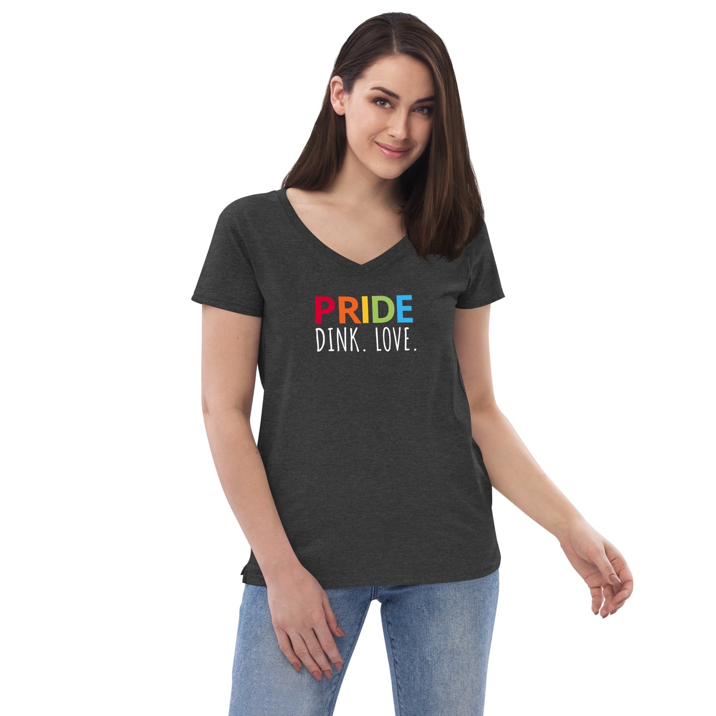 Womens' recycled v-neck t-shirt 'PRIDE. DINK. LOVE.'