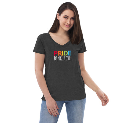 Womens' recycled v-neck t-shirt 'PRIDE. DINK. LOVE.'