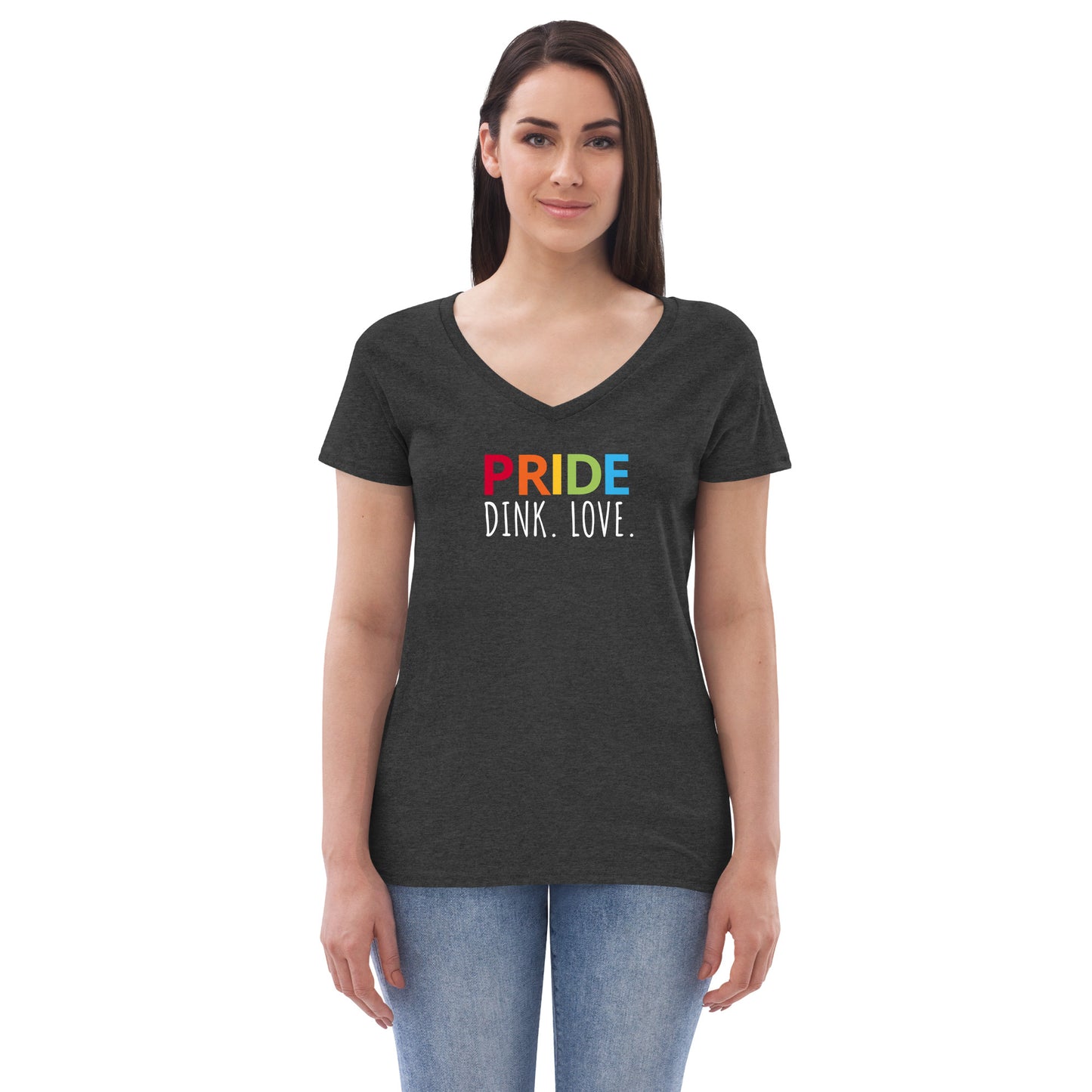 Womens' recycled v-neck t-shirt 'PRIDE. DINK. LOVE.'