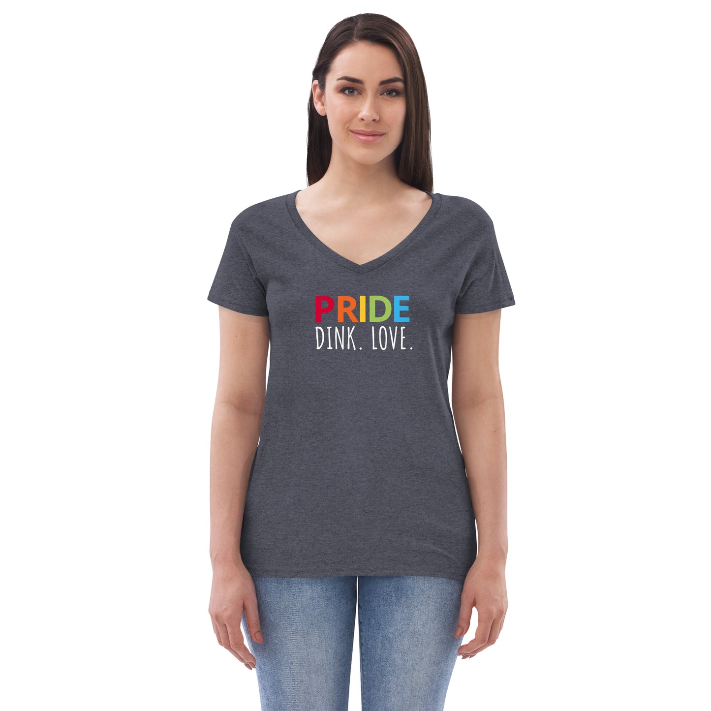 Womens' recycled v-neck t-shirt 'PRIDE. DINK. LOVE.'