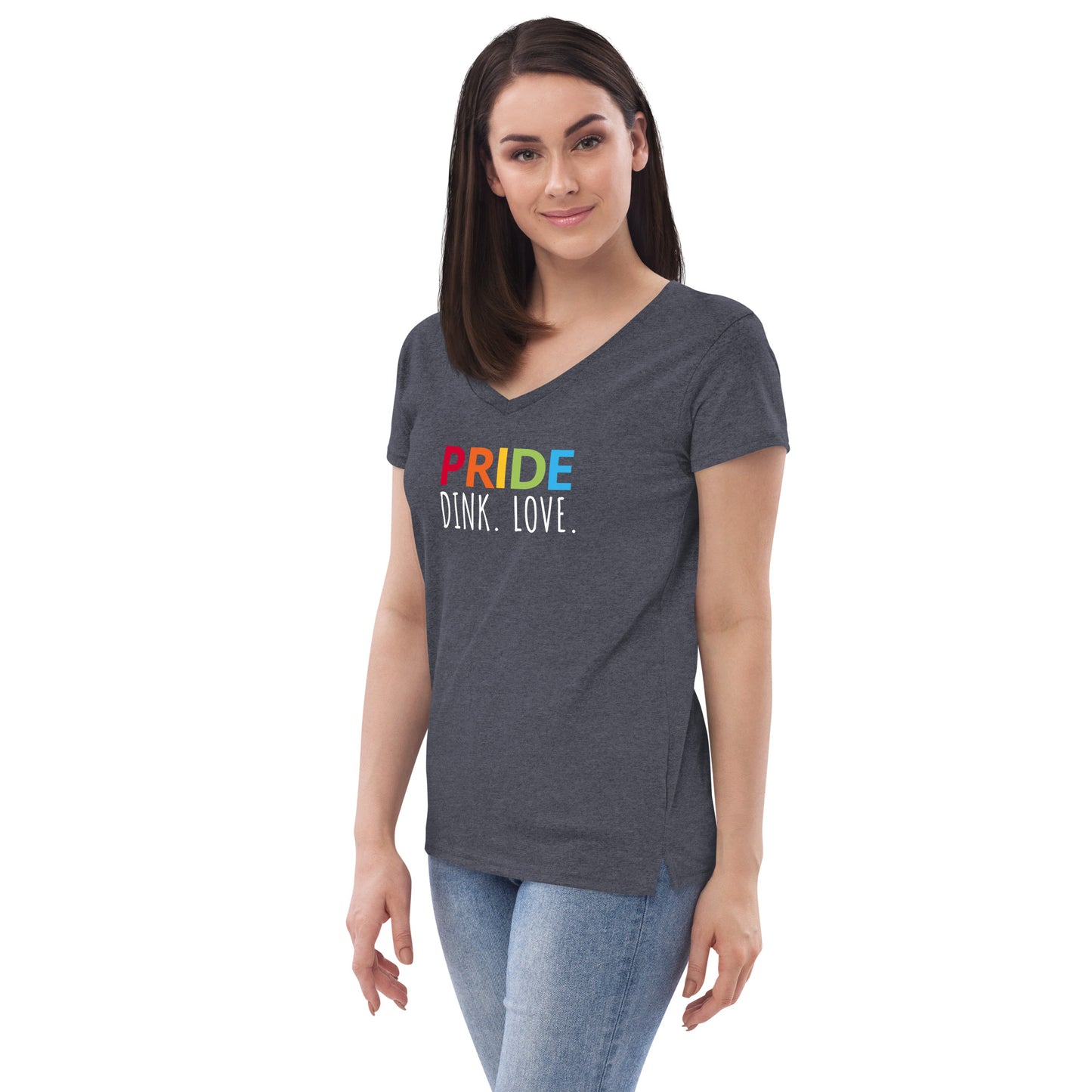 Womens' recycled v-neck t-shirt 'PRIDE. DINK. LOVE.'