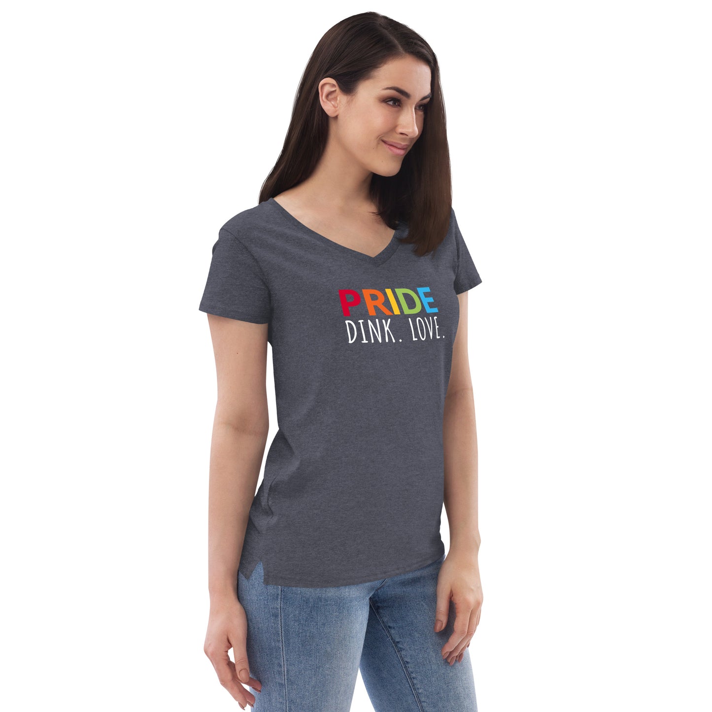 Womens' recycled v-neck t-shirt 'PRIDE. DINK. LOVE.'